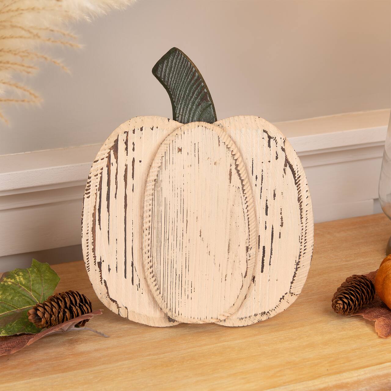 10.5" Small White Wooden Fall Harvest Pumpkin with Stem